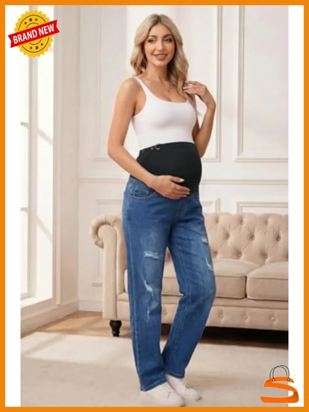 Over Belly Maternity Jeans Ripped Denim Adjustable Waistband